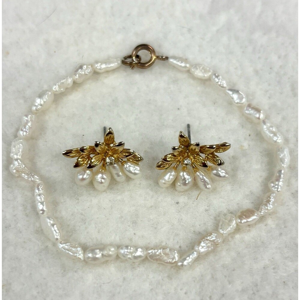 Vintage Freshwater Pearl Bracelet Earrings Set Baroque Floral Gold Tone 7”